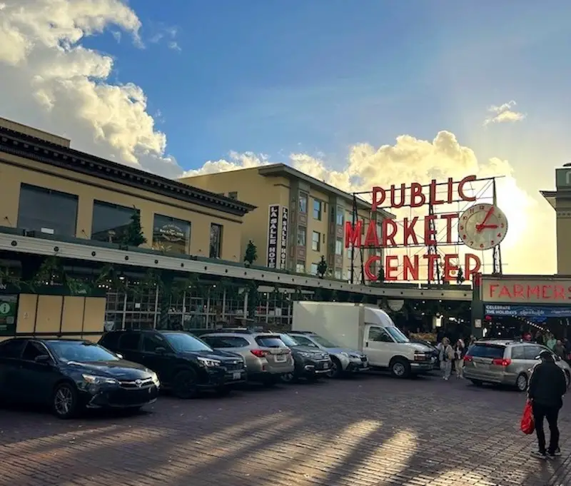 Sun setting at Pike Place Market in Seattle