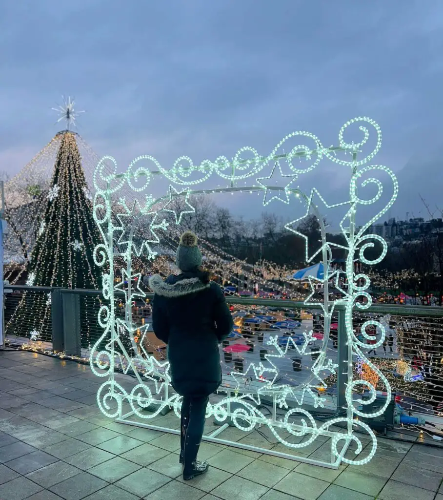 lighted displays at the Seattle Christmas Market