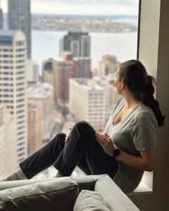 Kelly from Our Adventure Journal at the Hyatt Regency Hotel in downtown Seattle