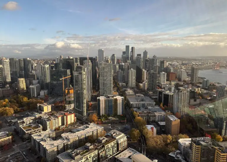 View of the Seattle skyline on a sunny day from the Space Needle's Loupe Lounge