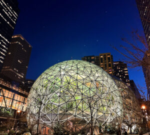 Seattle Spheres lit up at night