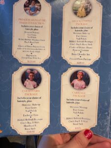 Photo of the packages available at the Bibbidi Bobbidi Boutique in Disneyland (second page)