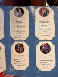 Photo of the packages available at the Bibbidi Bobbidi Boutique in Disneyland