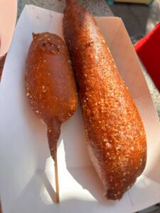 hot link and cheese stick from Corn Dog Castle at Disney California Adventure Park