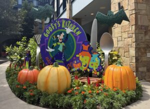 Goofy's Kitchen entrance sign decorated for Halloween