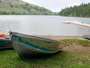 rowboat in front of Lake Patterson