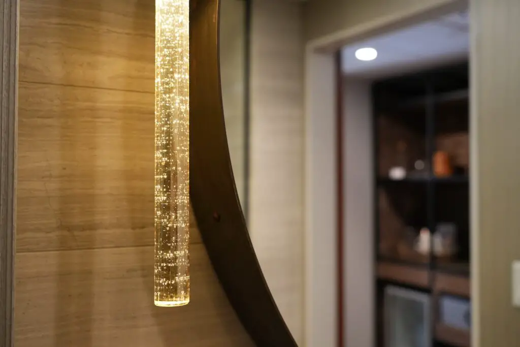 close-up of bathroom mirror in hotel room at Salish Lodge