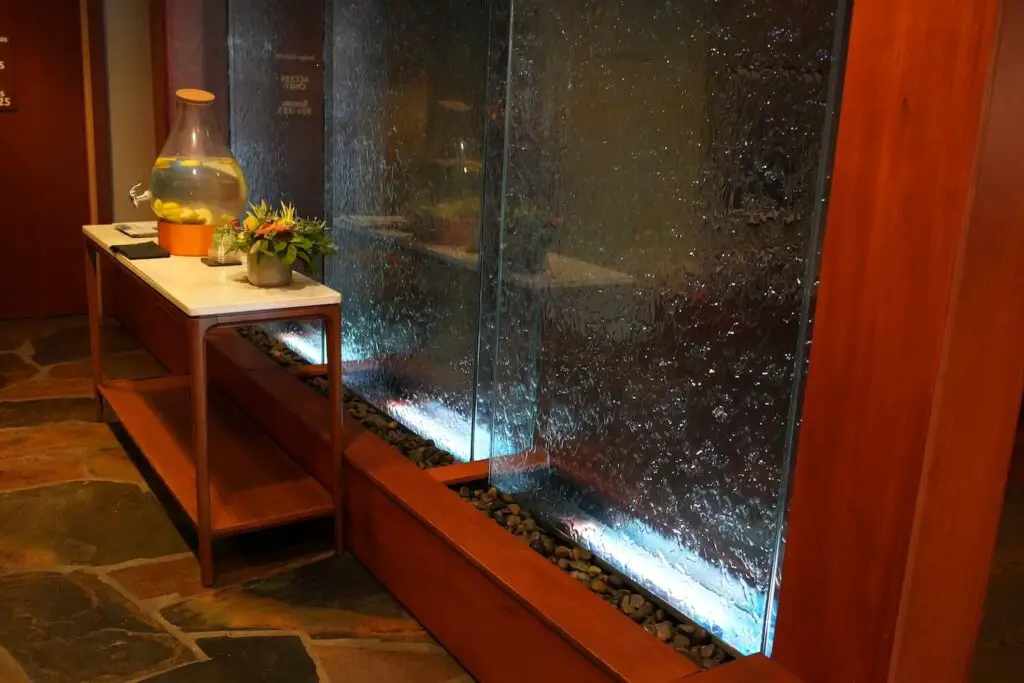 water wall in the lobby of Salish Lodge