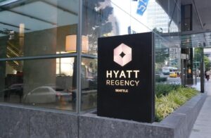 Sign at the entrance to the Hyatt Regency Seattle